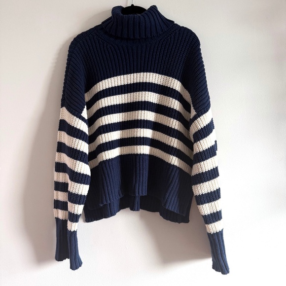 NWT Madewell Wide Rib Turtleneck Chunky Sweater Women’s L Indigo Stripe Preppy - Picture 4 of 10